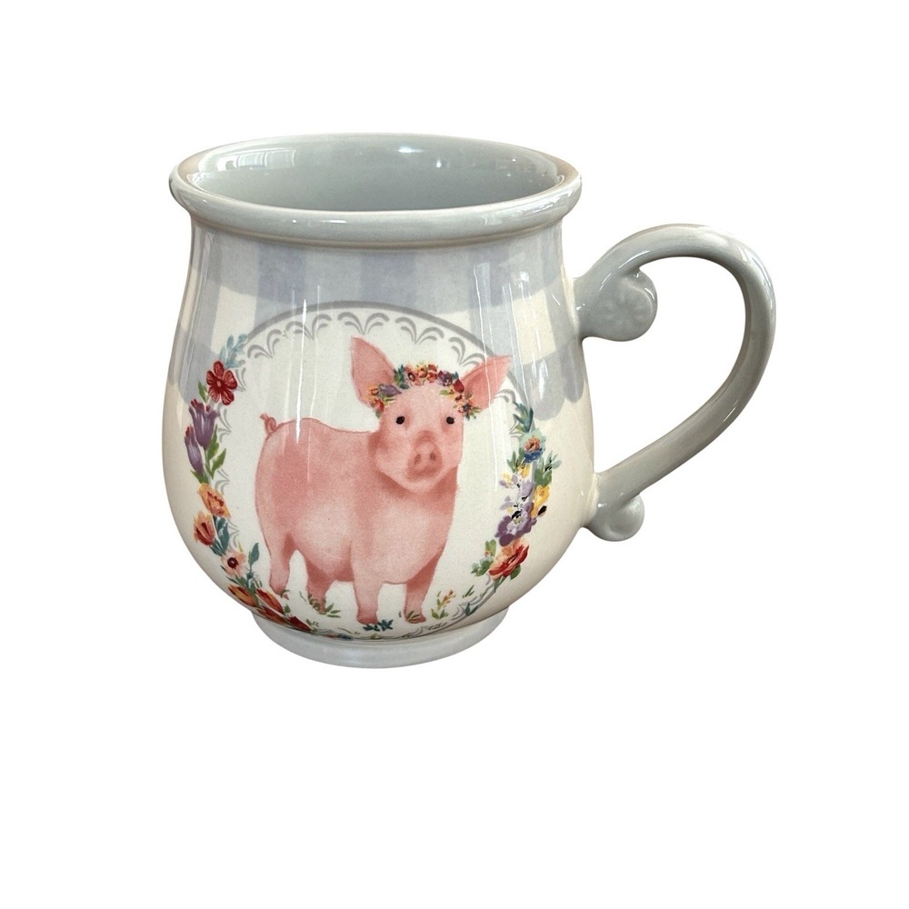 Pioneer Woman Pot Belly Pig Coffee Mug 15 oz. Grey Gingham Country Farmhouse